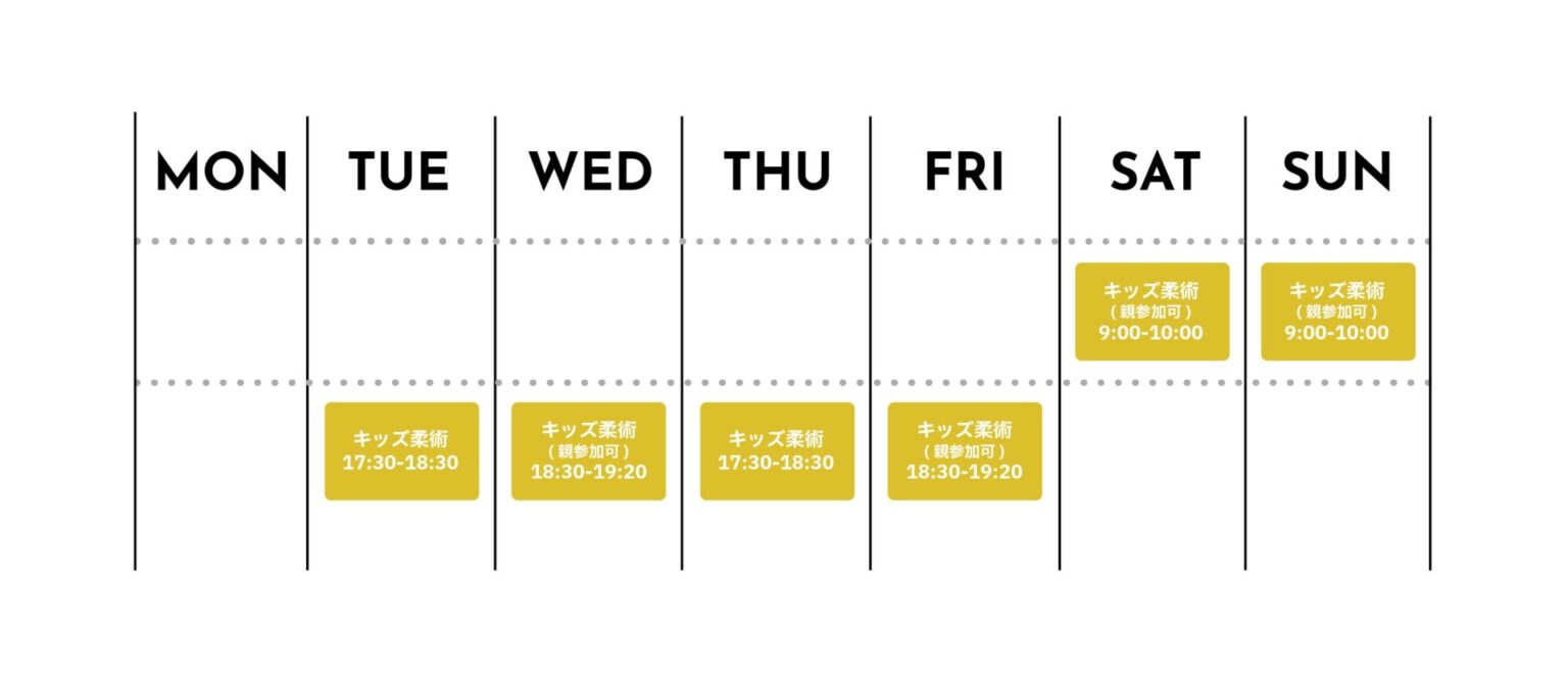 Weekly schedule showing kids' jiu-jitsu classes with times on Tue–Sun; yellow blocks indicate sessions