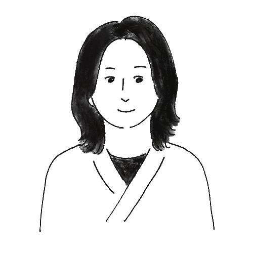 Line drawing of a person facing forward with shoulder-length hair and a sash across the chest.