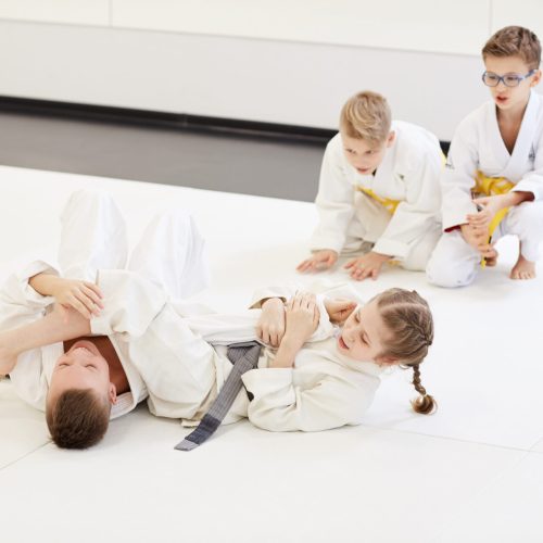 Boy fighting with girl at karate lesson